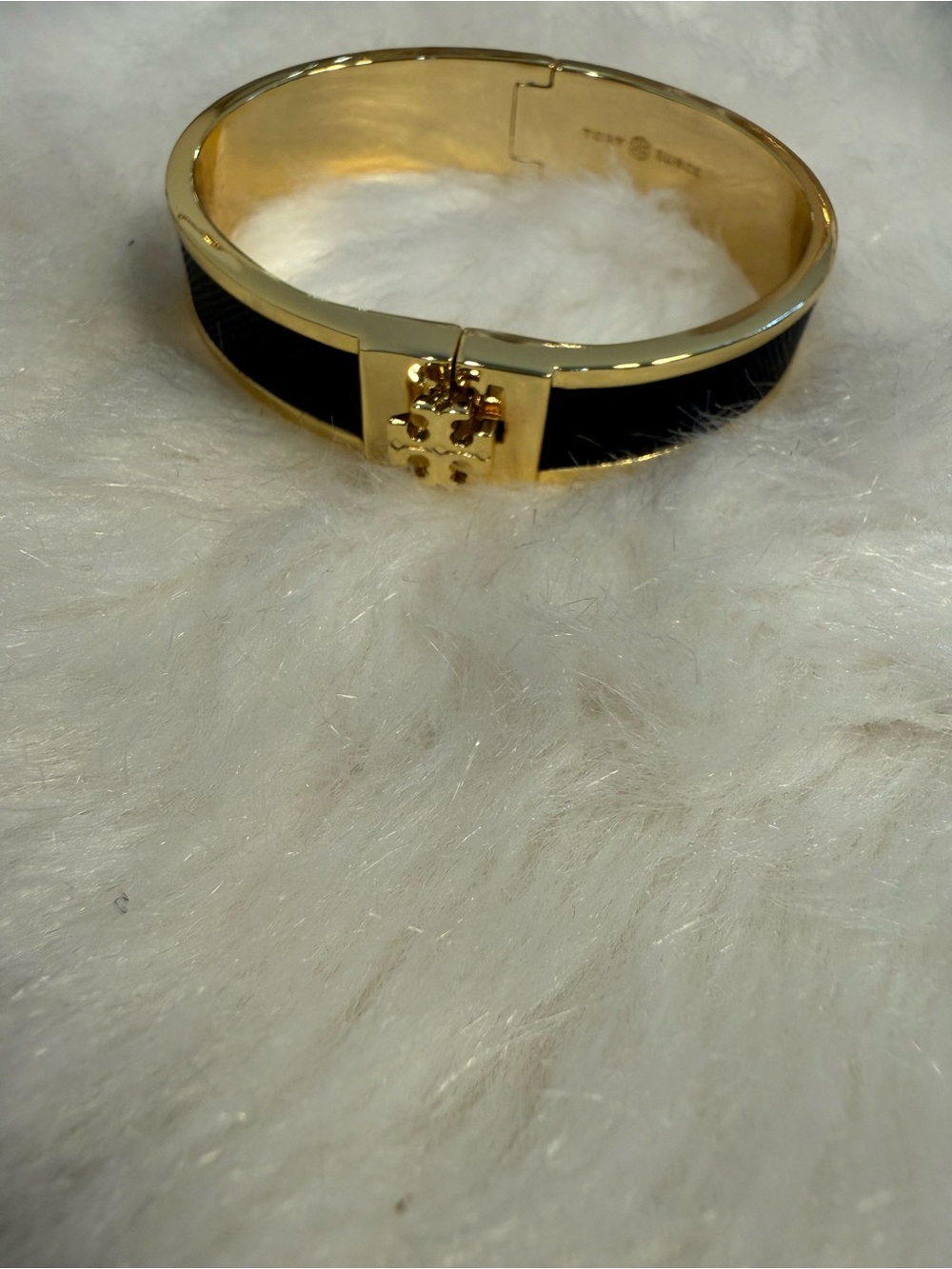 Tory Burch Black and Gold Logo Hinge Bangle - Picture 3 of 3